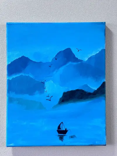 Cuadro pintado a mano de paisaje azul - miniatura 1