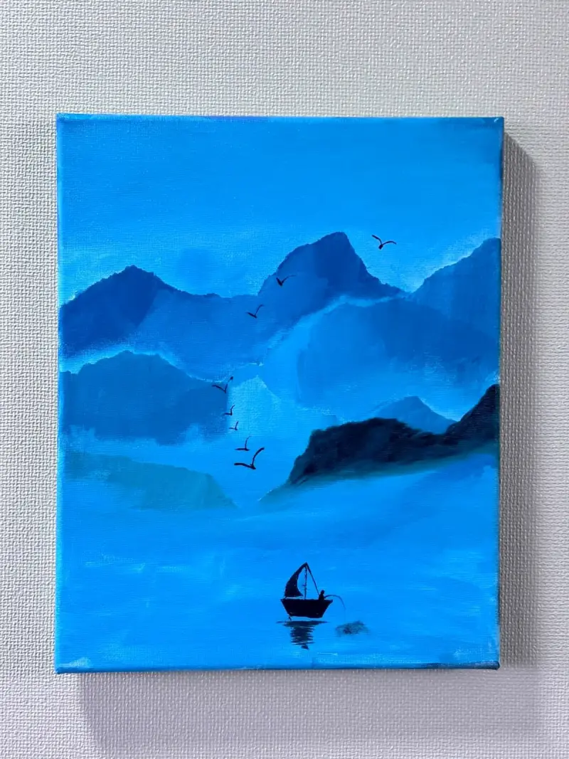 Cuadro pintado a mano de paisaje azul - 2