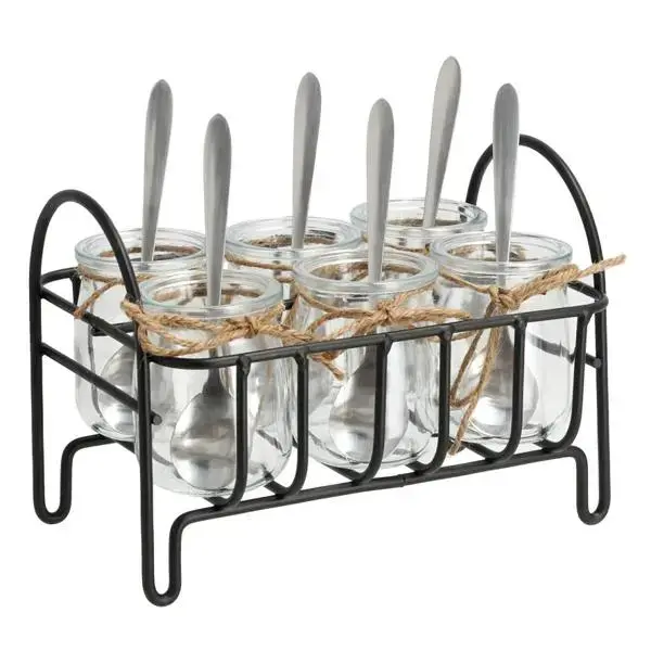 Set de frascos de vidrio con cucharas y soporte