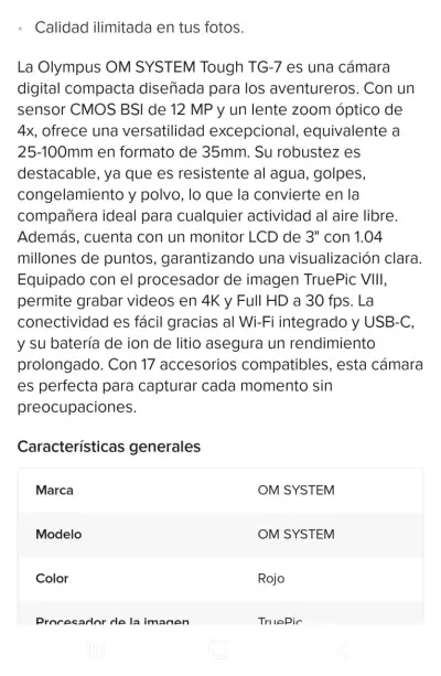 Cámara digital impermeable OM System Tough TG-7 roja - miniatura 3