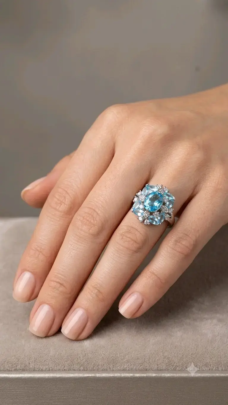 Anillo de Plata 925 Flor de Topacio Sky - 2
