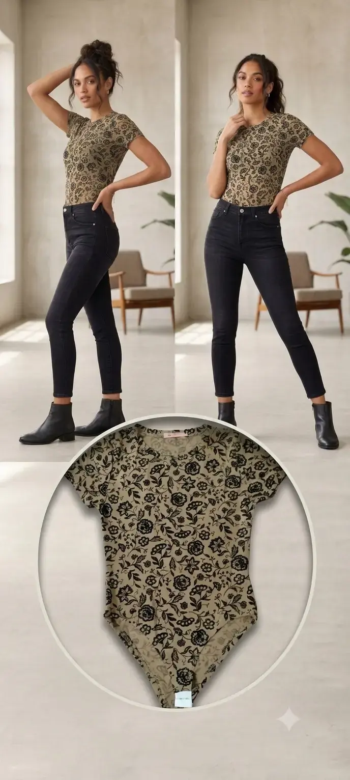 Body estampado floral beige y negro - 1
