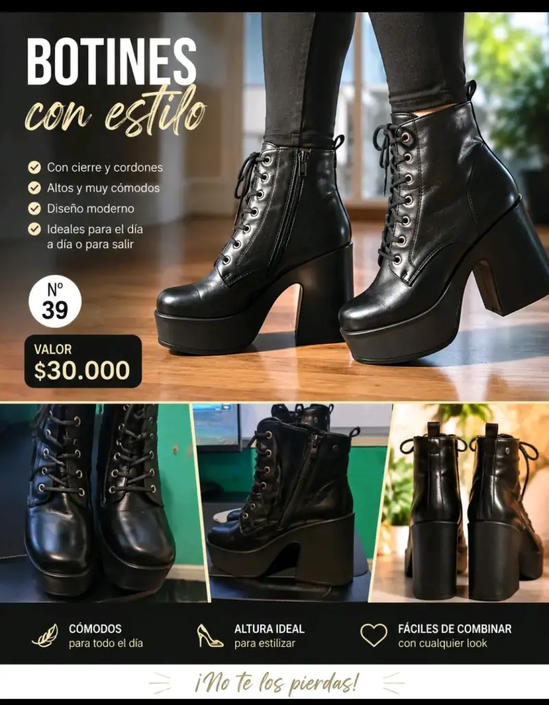 Botas negras de cuero con cordones y cierre - 6