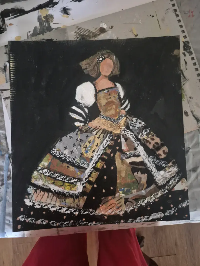 Cuadro Menina. Acrílico y collage sobre madera