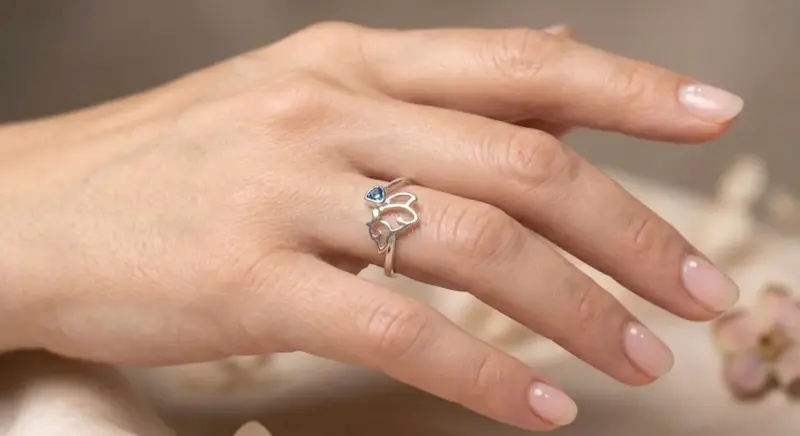 Anillo de plata con diseño de mariposa y corazón - 1