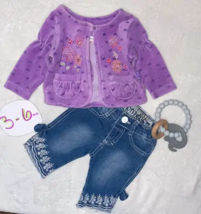 Conjunto bebé 3-6 meses morado y jeans - miniatura 1