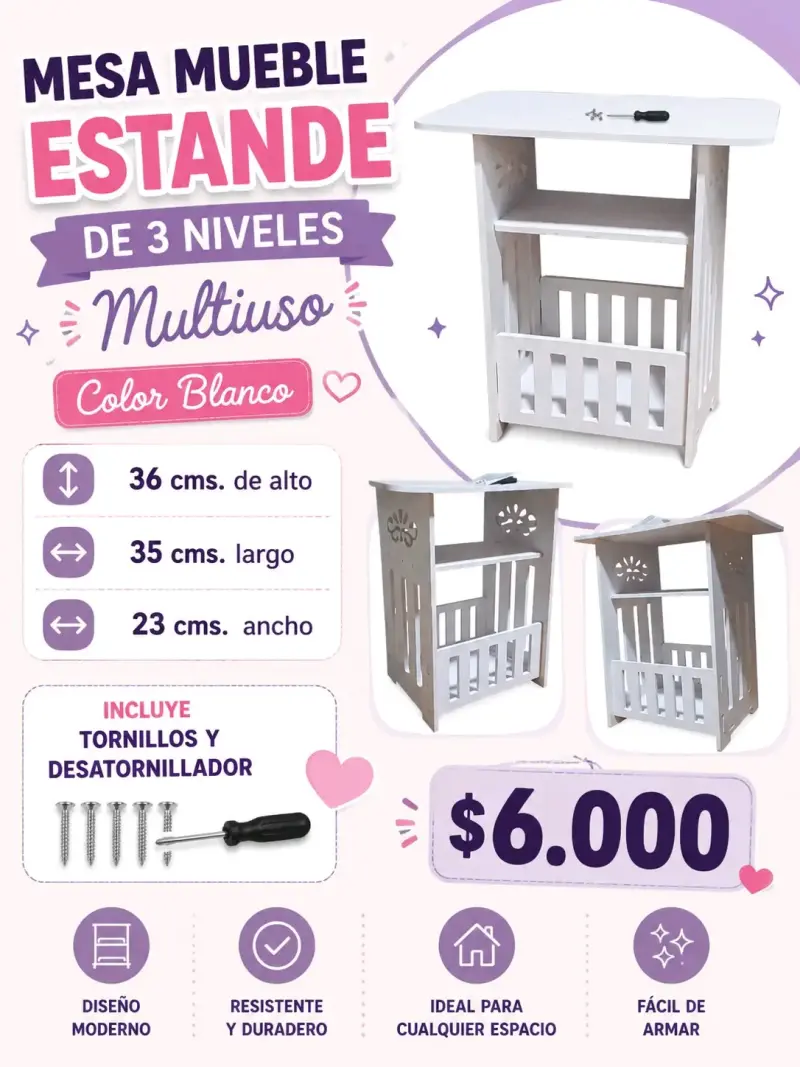 Mesa mueble estante multiuso blanco 3 niveles