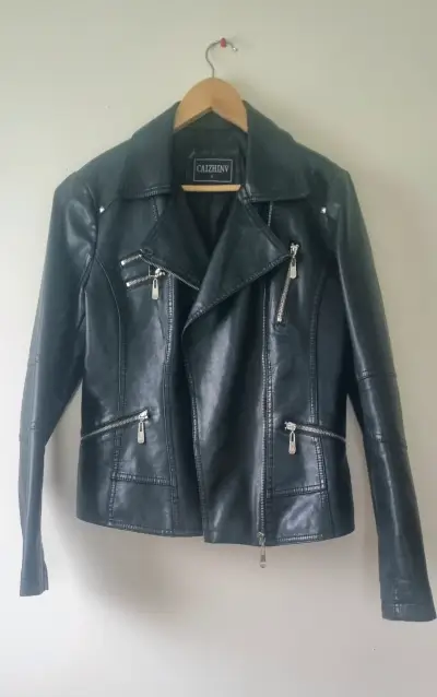 Chaqueta de cuero negra estilo biker Calzhinv - miniatura 3