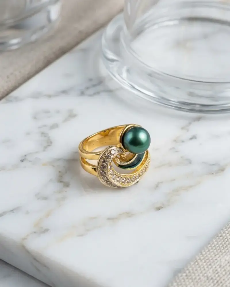 Anillo de Cóctel "Gota de PavoReal" en Baño de oro - 1
