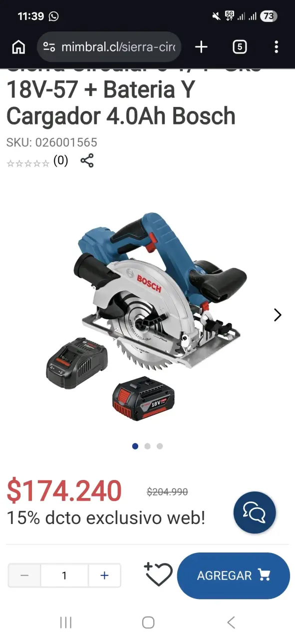 Sierra circular Bosch 18V-57 con batería y cargador