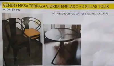 Mesa de terraza con vidrio templado y 4 sillas Tolix - miniatura 1