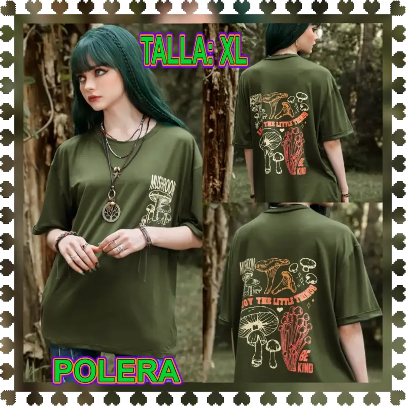 Polera verde con estampado de hongos