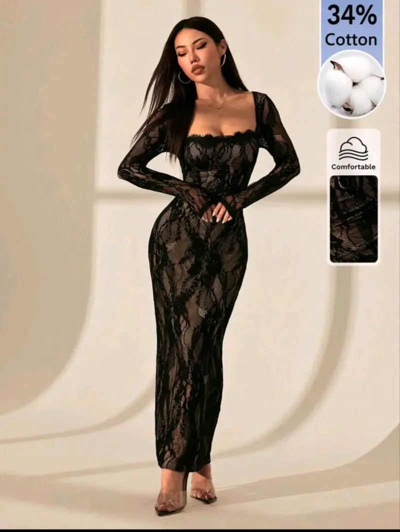 Vestido largo de encaje negro elegante - 1