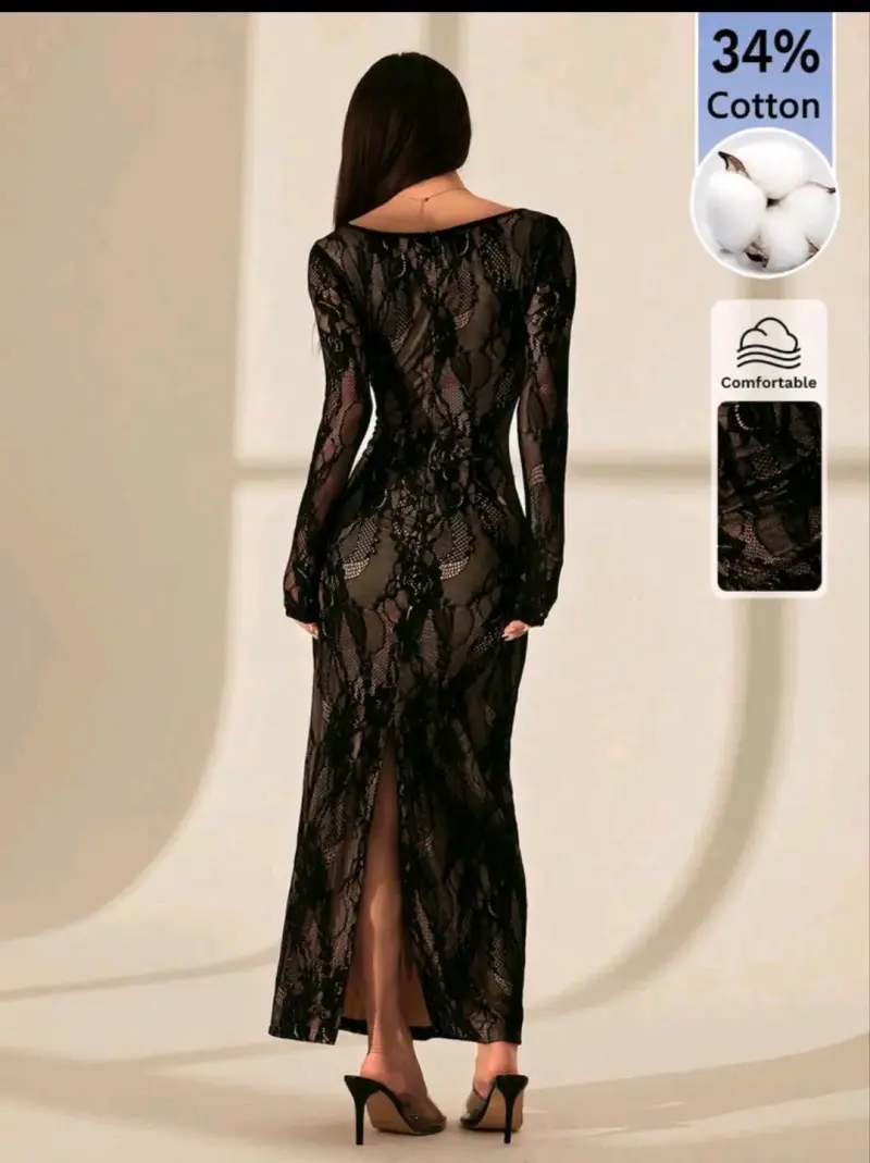 Vestido largo de encaje negro elegante - 2