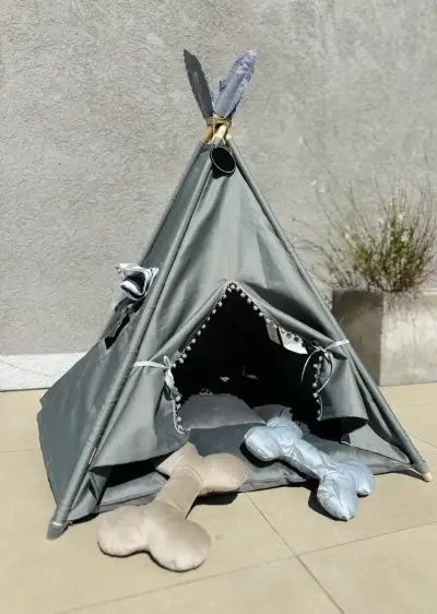 Tienda tipi para mascotas gris con cojines - miniatura 1
