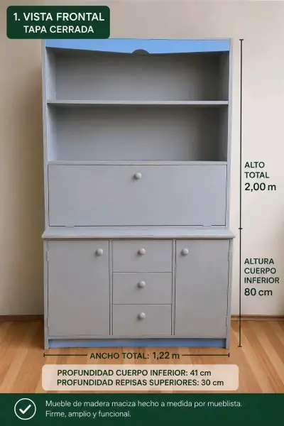 Mueble biblioteca madera con cajones y escritorio - miniatura 1