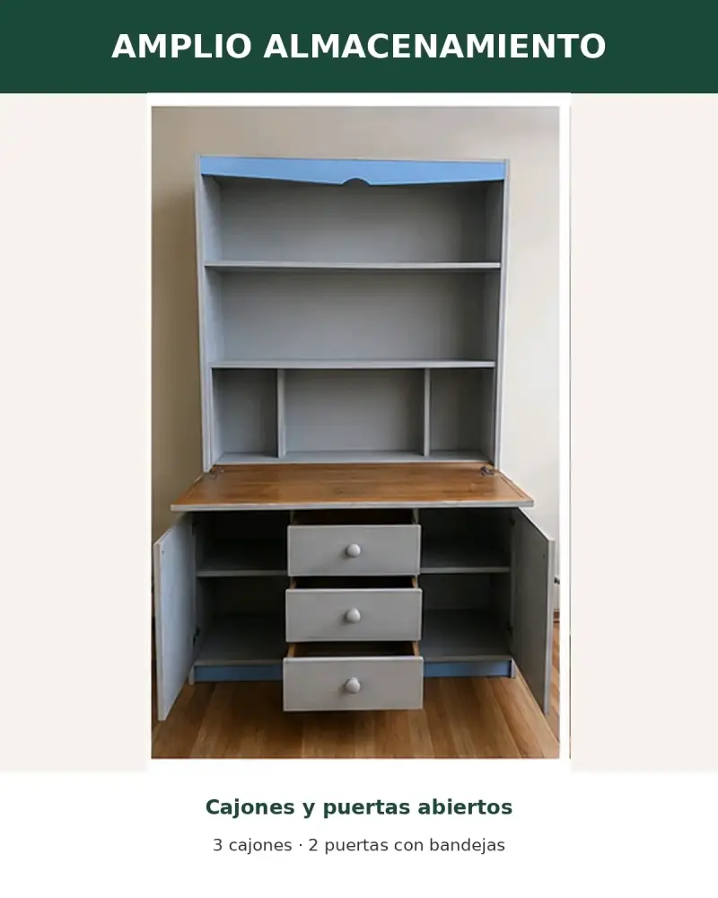 Mueble biblioteca madera con cajones y escritorio - 3