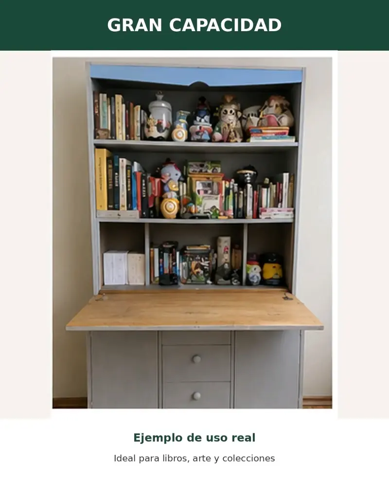 Mueble biblioteca madera con cajones y escritorio - 4