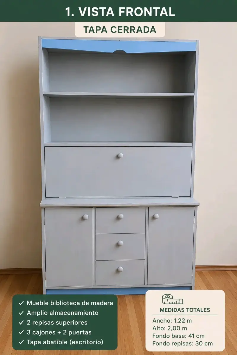 Mueble biblioteca madera con cajones y escritorio - 6