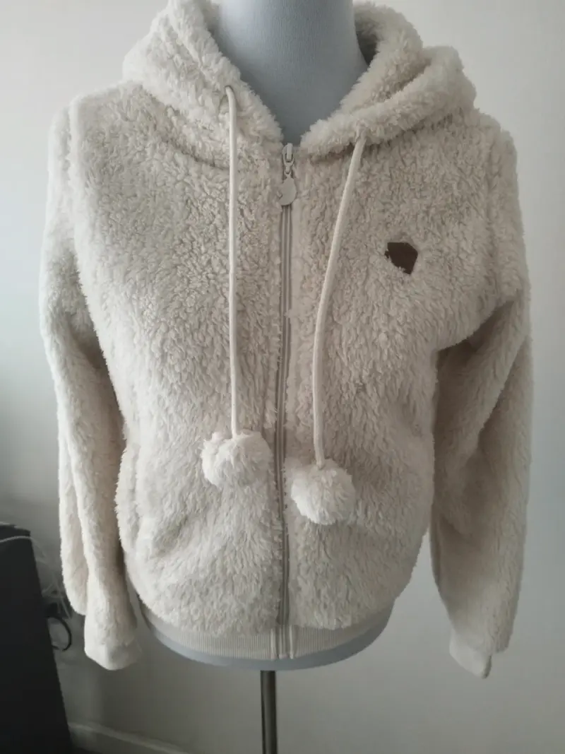 Chaqueta de felpa con capucha beige - 1