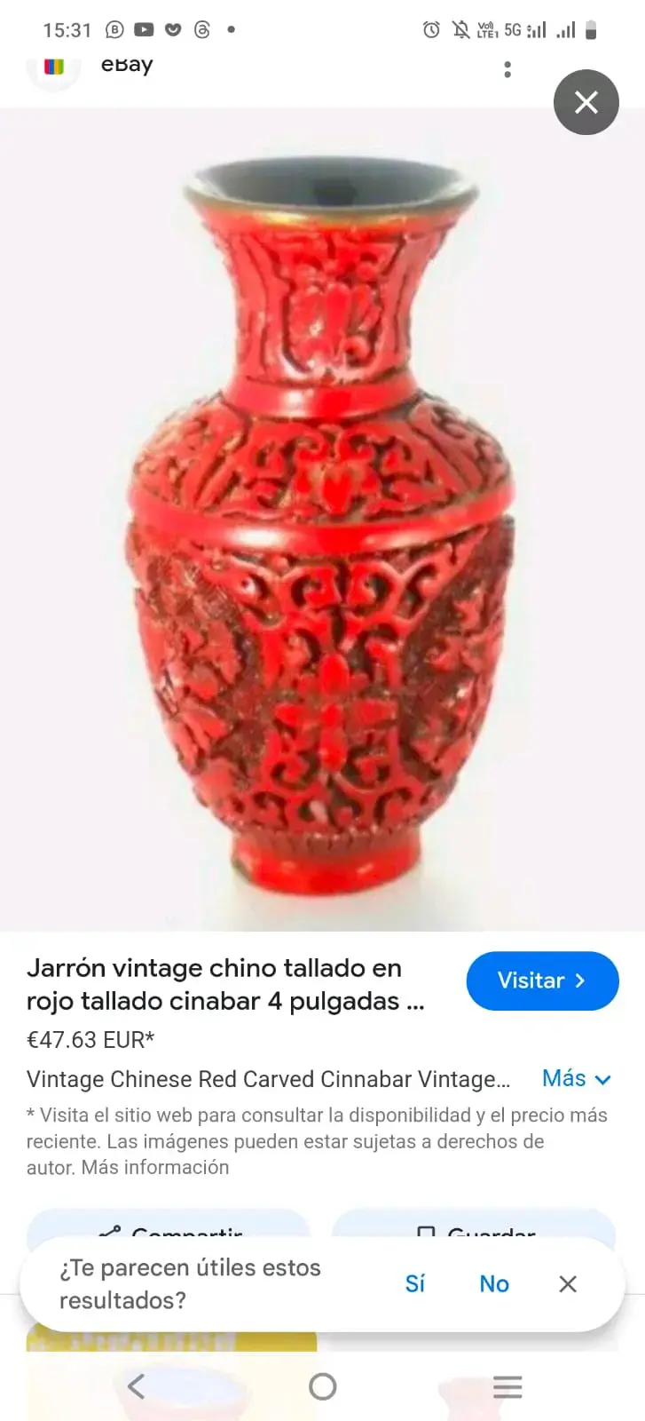 Jarrón vintage chino tallado en cinabar rojo