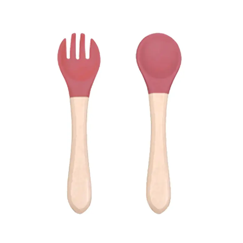 Set de cuchara y tenedor para bebé de silicona y madera - 1