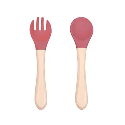 Set de cuchara y tenedor para bebé de silicona y madera - miniatura 1