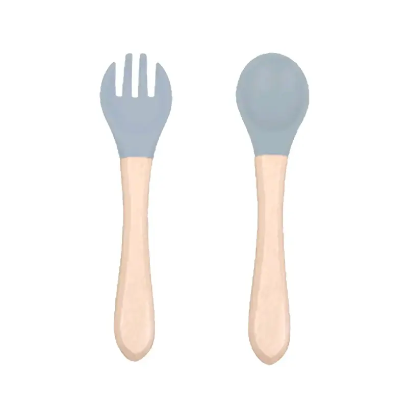 Set de cuchara y tenedor para bebé de silicona y madera - 2