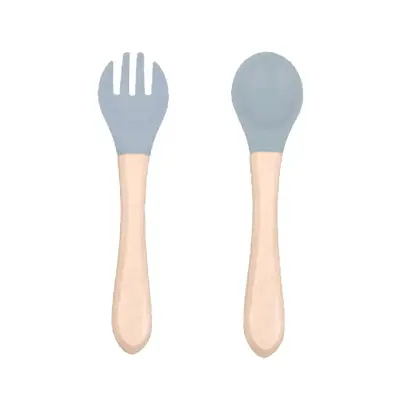 Set de cuchara y tenedor para bebé de silicona y madera - miniatura 2