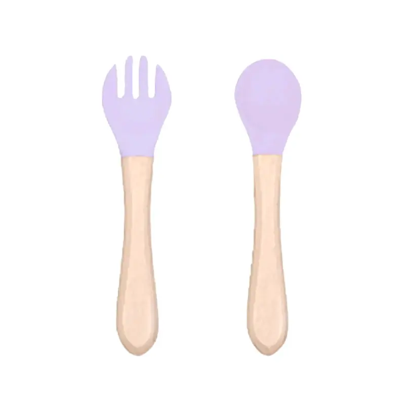 Set de cuchara y tenedor para bebé de silicona y madera - 3