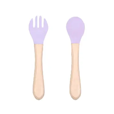 Set de cuchara y tenedor para bebé de silicona y madera - miniatura 3