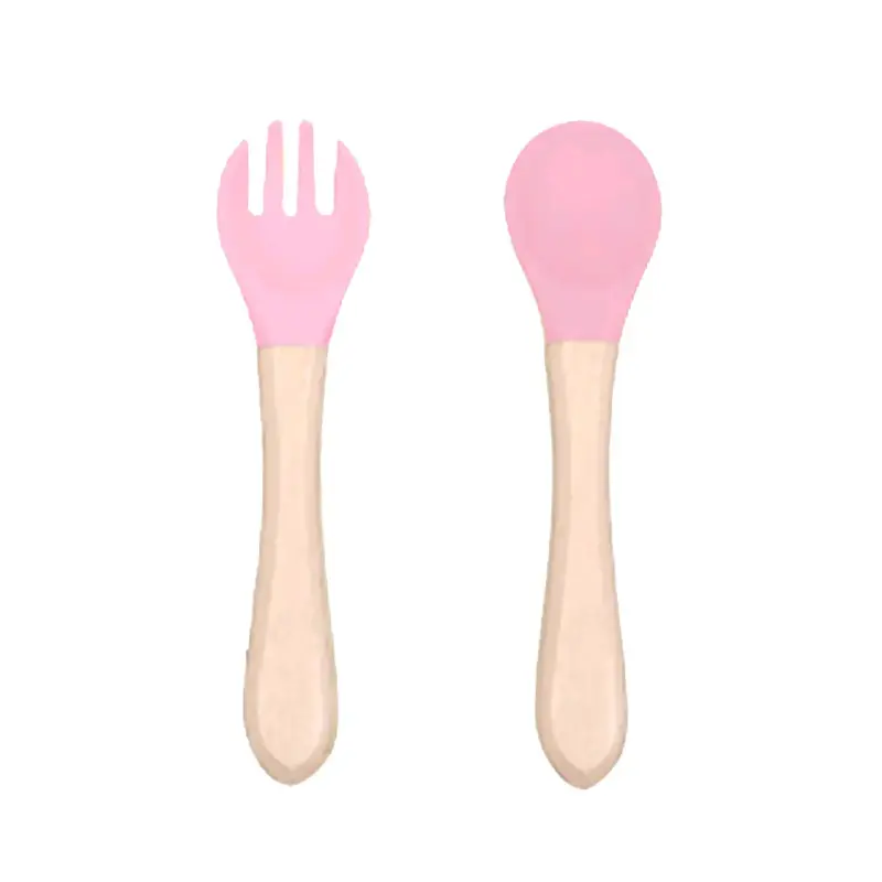 Set de cuchara y tenedor para bebé de silicona y madera - 4
