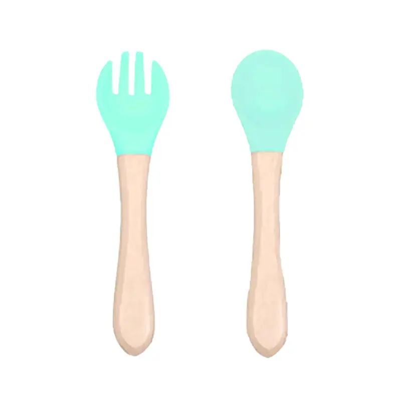 Set de cuchara y tenedor para bebé de silicona y madera - 6