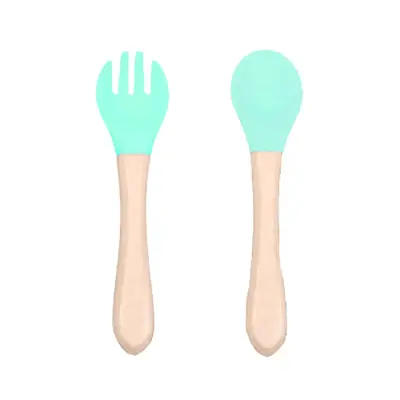 Set de cuchara y tenedor para bebé de silicona y madera - miniatura 6