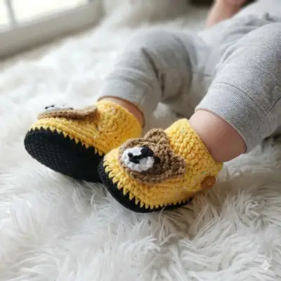Zapatitos de bebé tejidos a crochet con diseño de osito - miniatura 1