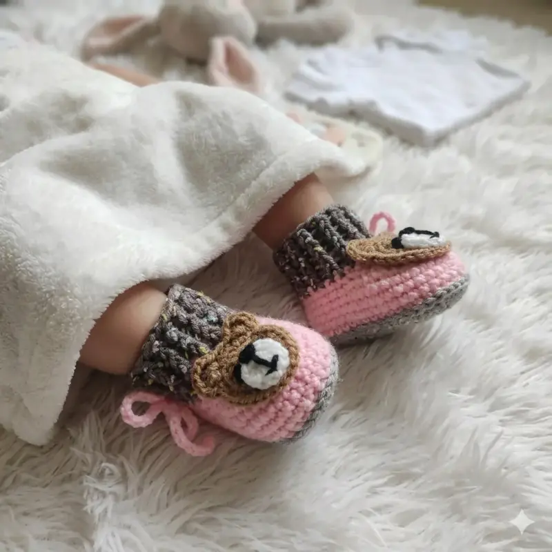 Zapatitos de bebé tejidos a crochet con diseño de osito - 2