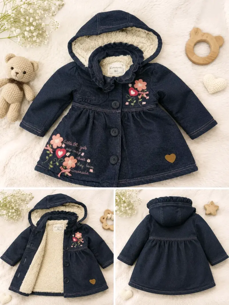 Abrigo de bebé con capucha y bordado floral