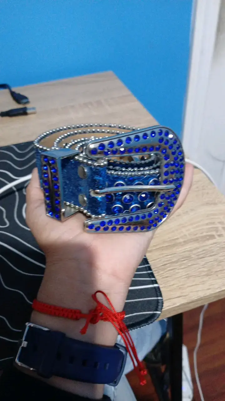 Cinturón de cuero azul con diamantes de imitacion - 1