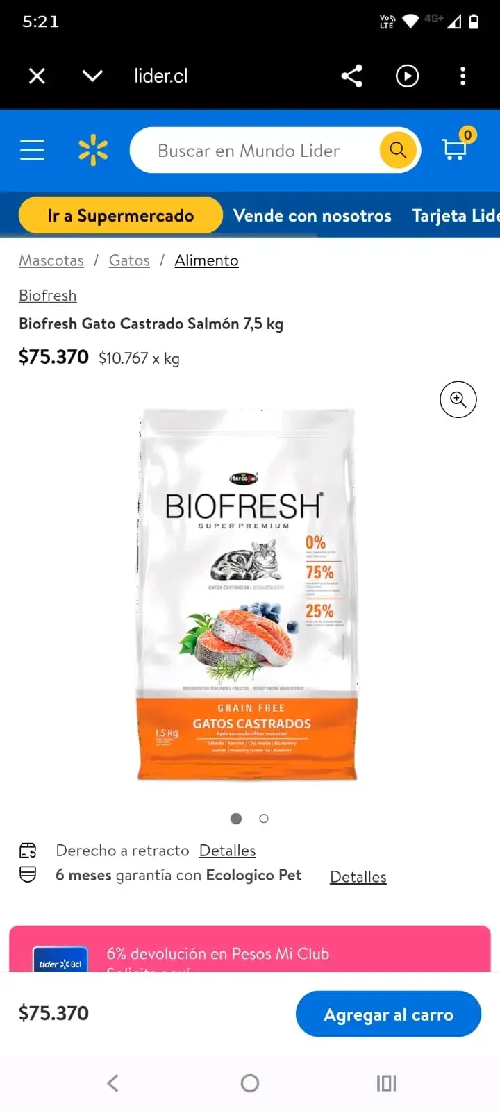Alimento Biofresh para Gato Castrado Salmón 7,5 kg