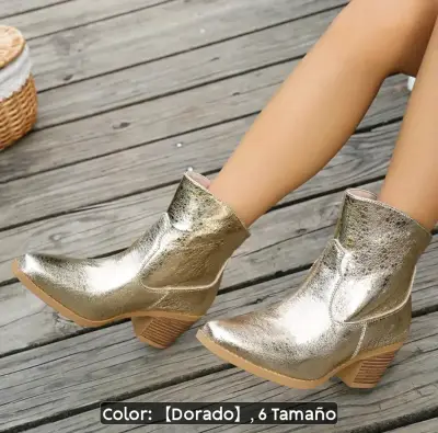 Botines dorados de cuero sintético con tacón - miniatura 2