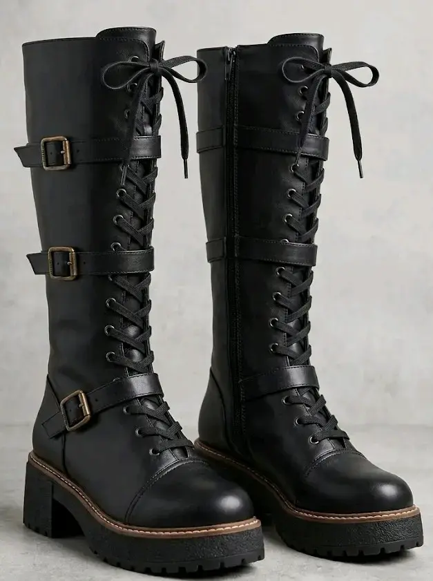 Botas negras de cuero con cordones y hebillas - 1