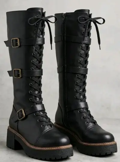 Botas negras de cuero con cordones y hebillas - miniatura 1