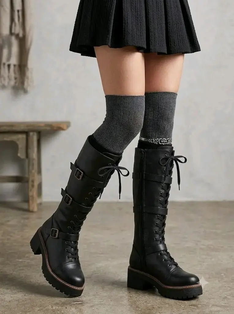 Botas negras de cuero con cordones y hebillas - 2