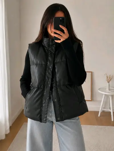 Chaleco cuero negro sin mangas para invierno - miniatura 2