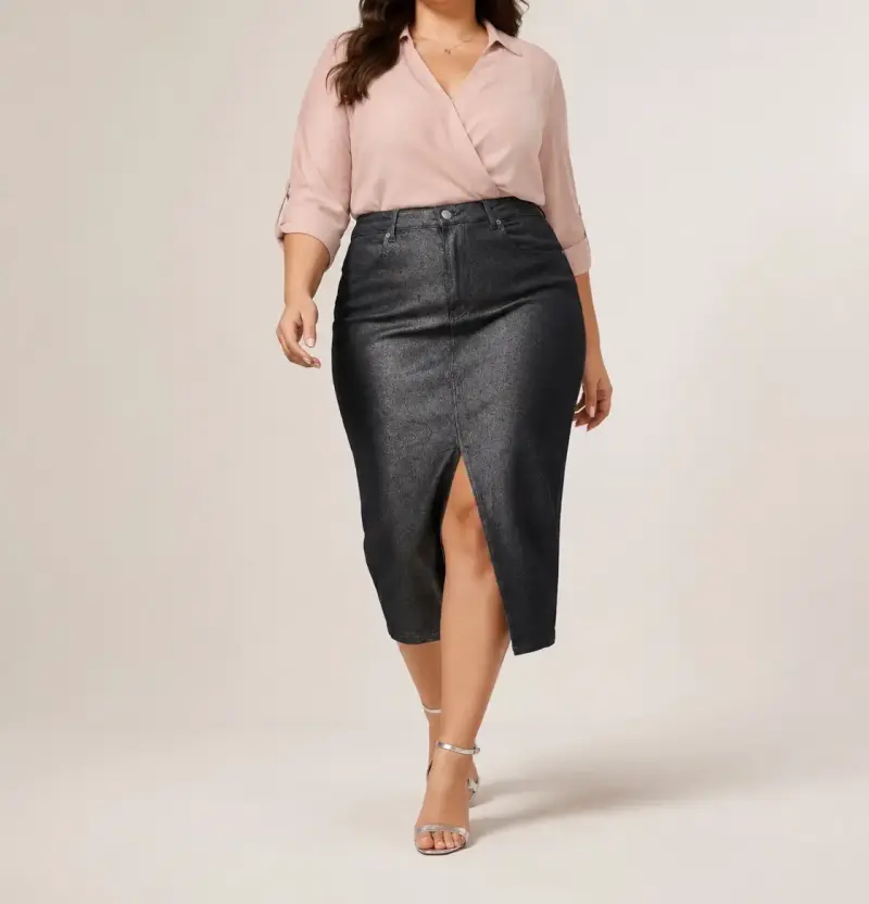 Falda midi azul oscuro metalizada – Talla XL / 46 - 2