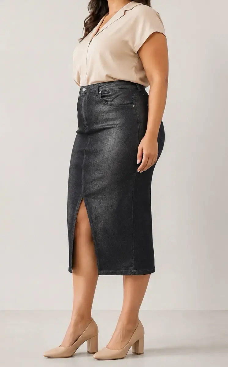 Falda midi azul oscuro metalizada – Talla XL / 46 - 4