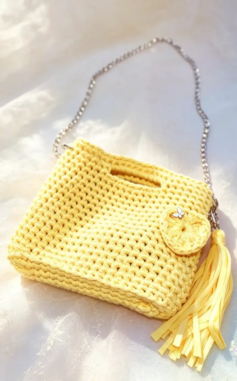 Bolso tejido amarillo con cadena y llavero de cor - 3