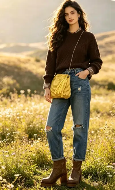 Bolso tejido amarillo con cadena y llavero de cor - miniatura 4