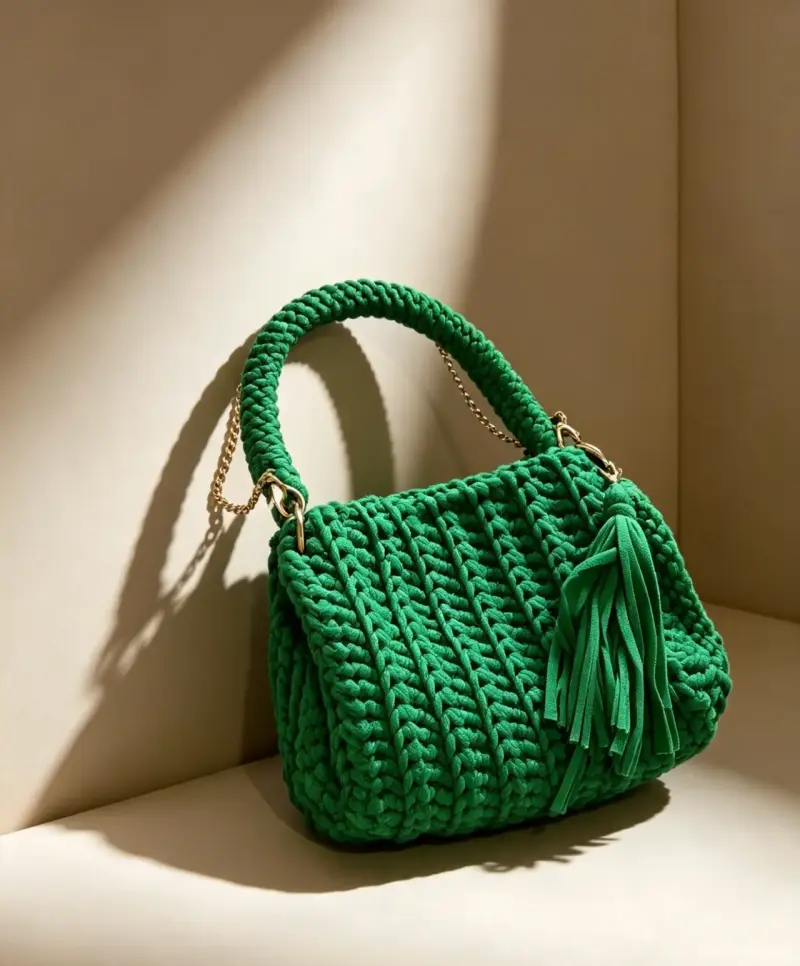 Bolso tejido verde con asa de cadena - 1