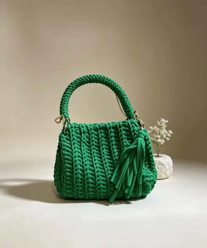 Bolso tejido verde con asa de cadena - 2